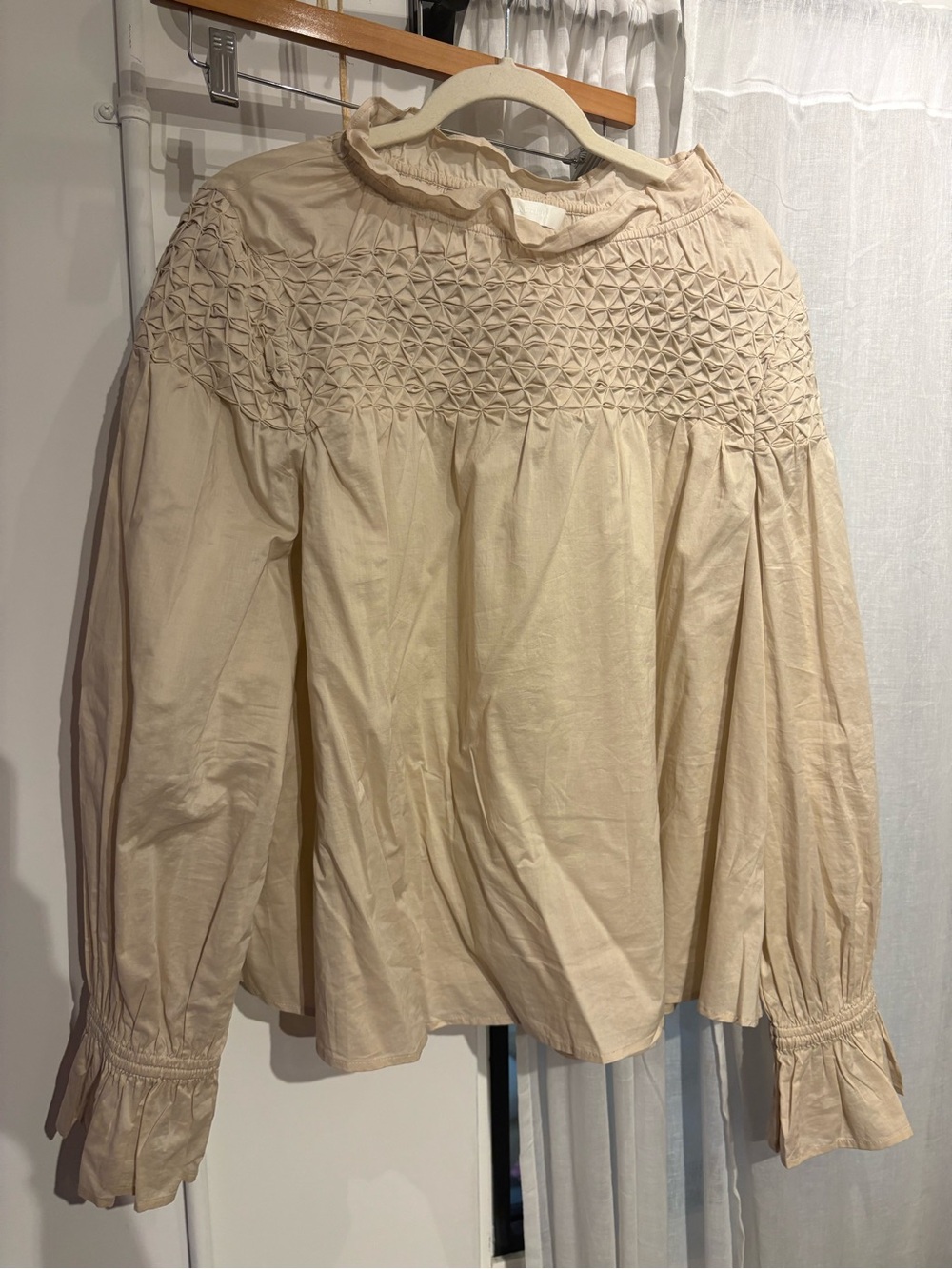 Neutral Smocked Yoke Long Sleeve Blouse